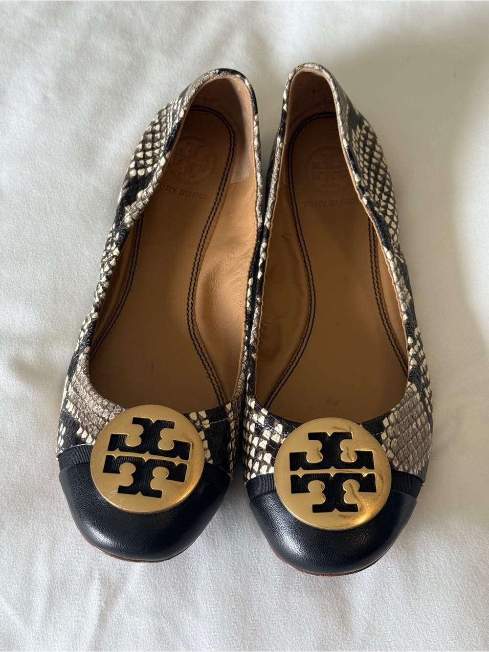 Tory Burch Snake-Print Ballet Flats with Black Toe and Gold Logo